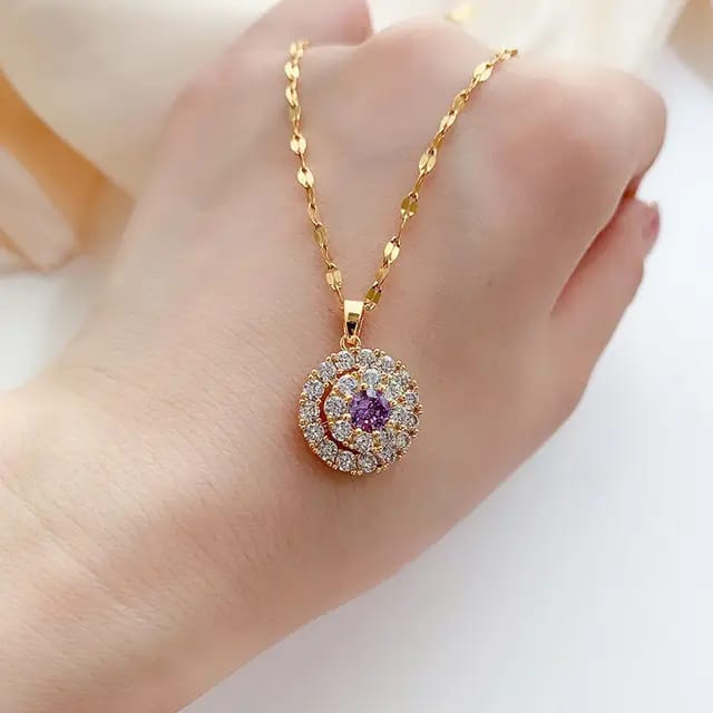 14K Gold Necklace White Rhinestone Pendant for Women
