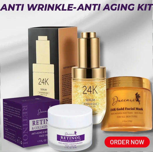 Anti-Wrinkle Trio Kit for Face , Neck & Eyes, 3 Piece Kit with Retinol & Collagen Moisturizer cream, 24k Face Serum & 24k Facial Mask
