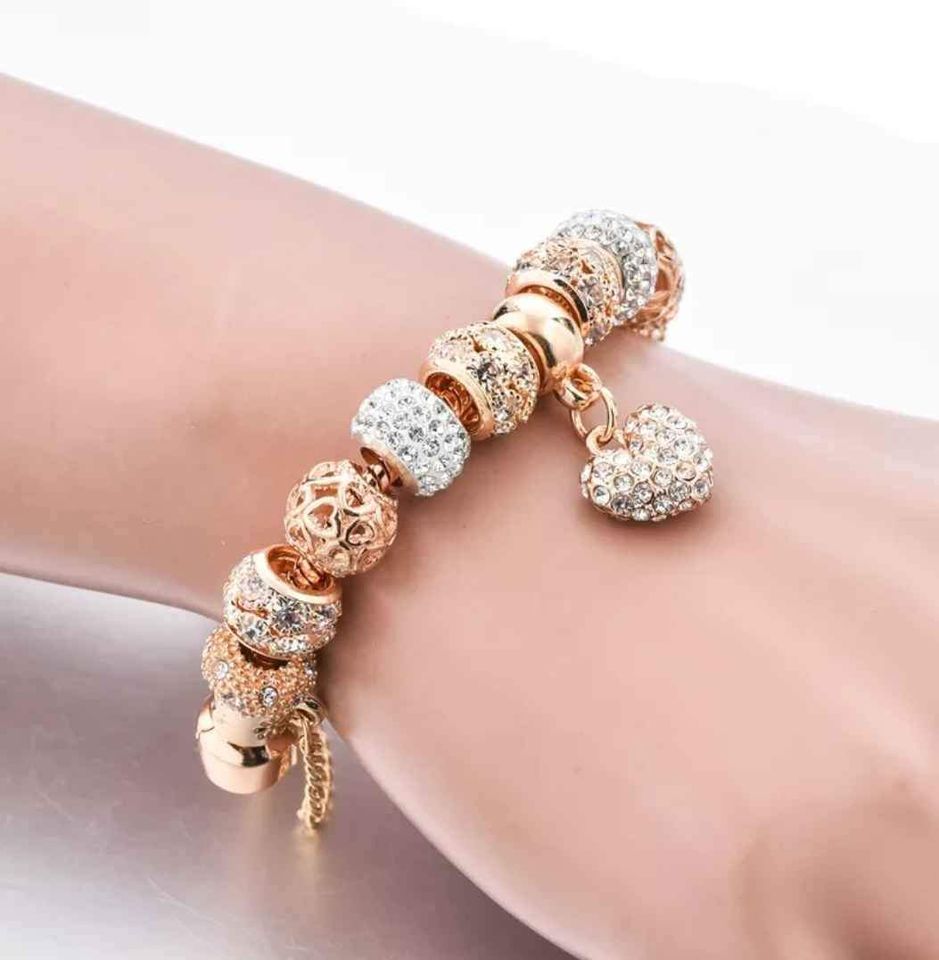 Flower Charm Crystal Bracelet Rhinestone Crystal Flower Heart Charm Copper gold Alloy