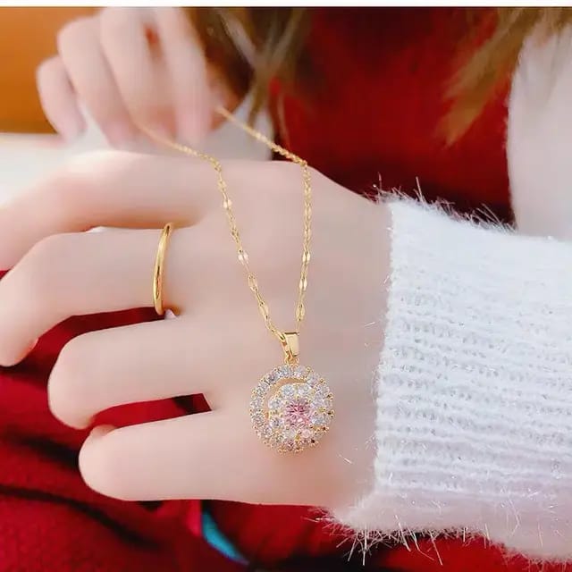 14K Gold Necklace White Rhinestone Pendant for Women
