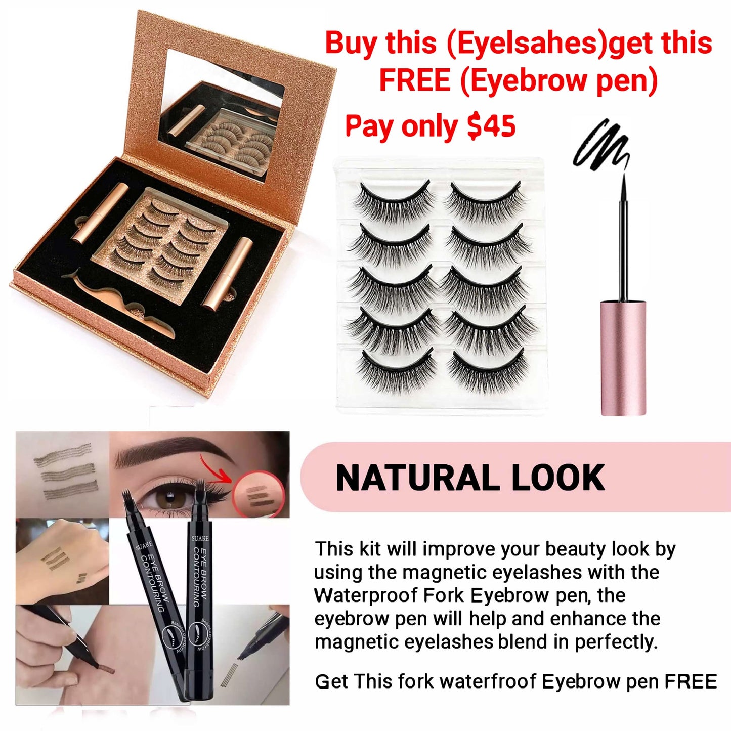 5 pair magnetic vegan eyelashes set Get 4 fork eyebrow tattoo Pen Free