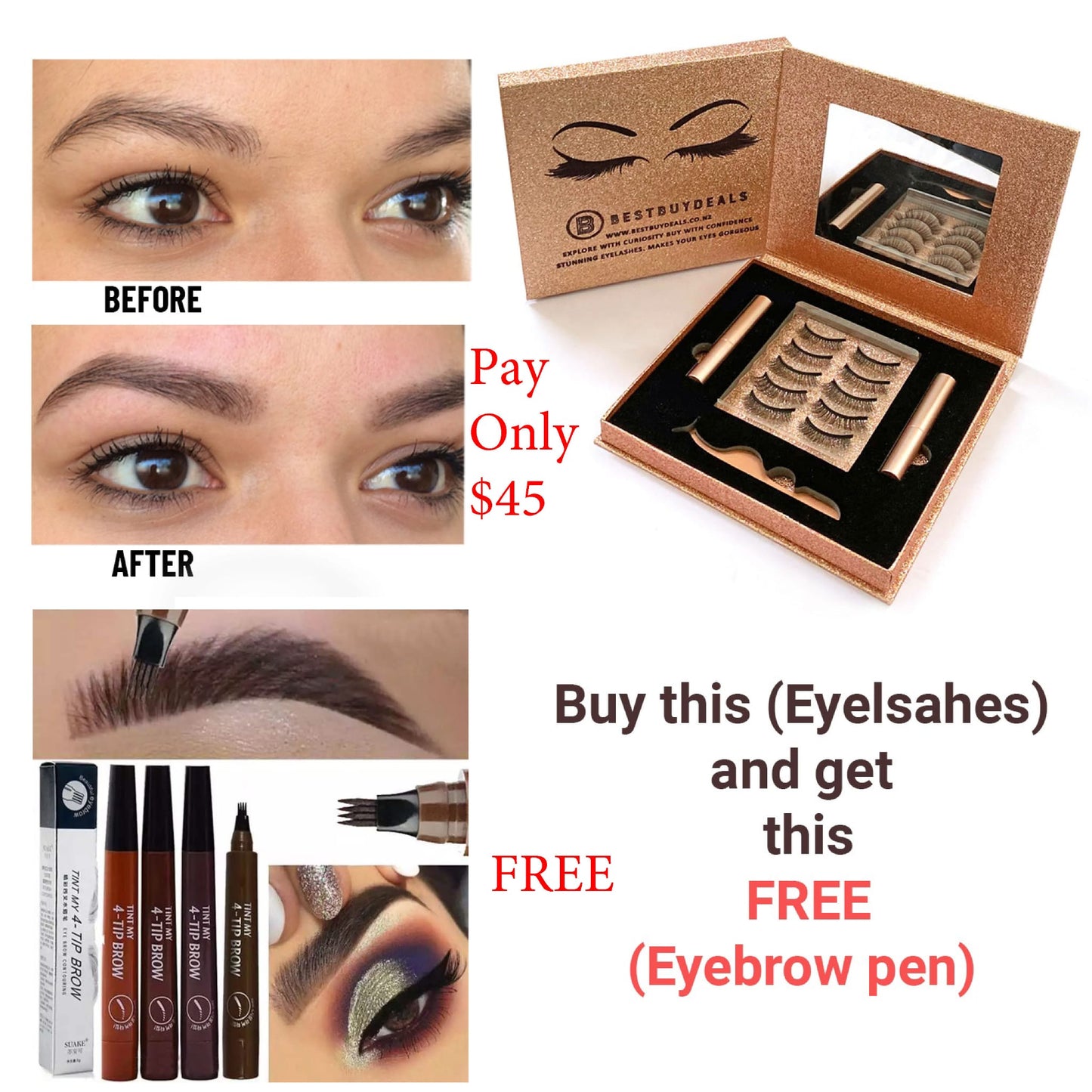 5 pair magnetic vegan eyelashes set Get 4 fork eyebrow tattoo Pen Free
