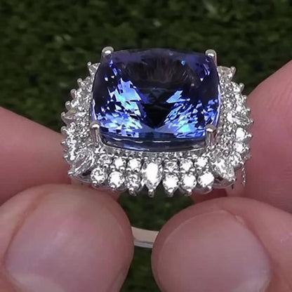 Elegant Huge Natural Tanzanite Silver  with blue Sapphire Ring Women Wedding Engagement