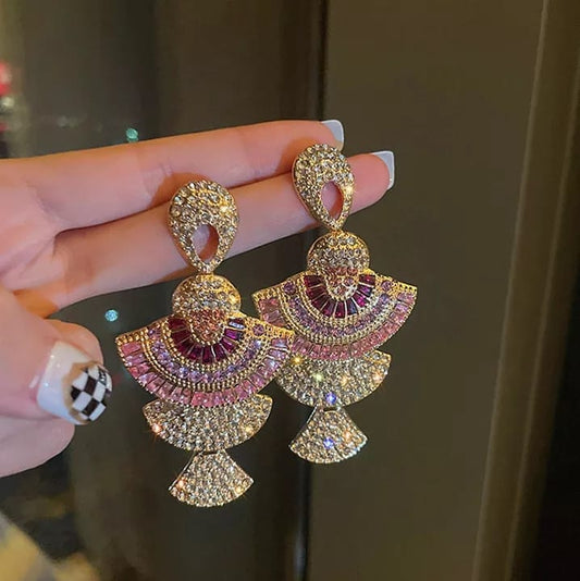 Vintage  Style Geometric Drop Earrings for Women in  Pink colour with Zircon Crystal Dangle Earrings ,