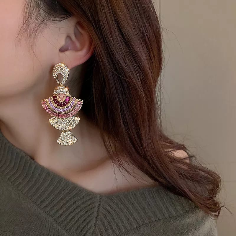 Vintage Style Geometric Drop Earrings for Women in Pink colour with Zircon Crystal Dangle Earrings ,
