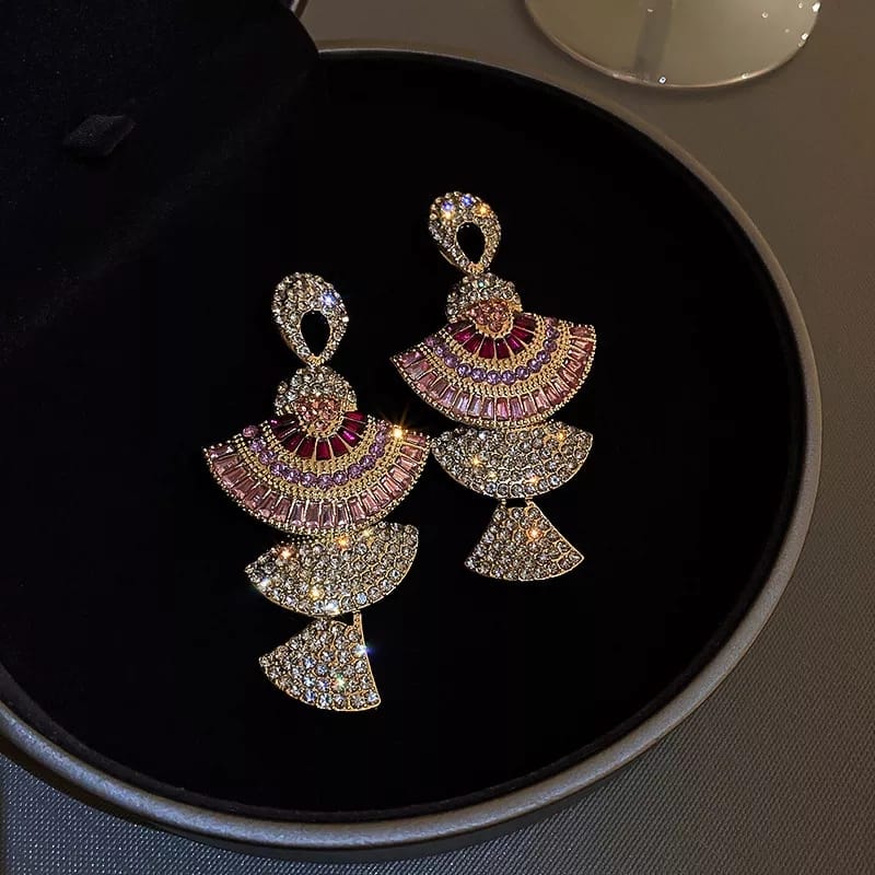 Vintage Style Geometric Drop Earrings for Women in Pink colour with Zircon Crystal Dangle Earrings ,