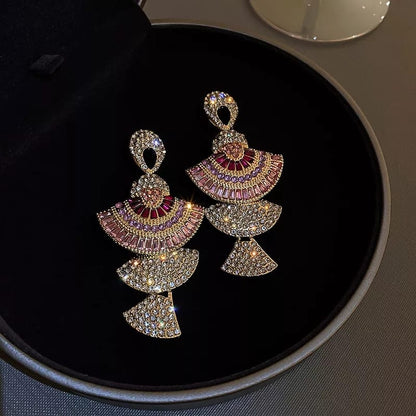 Vintage  Style Geometric Drop Earrings for Women in  Pink colour with Zircon Crystal Dangle Earrings ,
