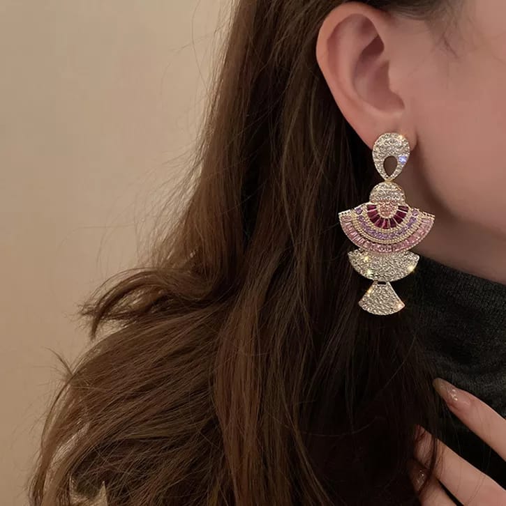 Vintage Style Geometric Drop Earrings for Women in Pink colour with Zircon Crystal Dangle Earrings ,