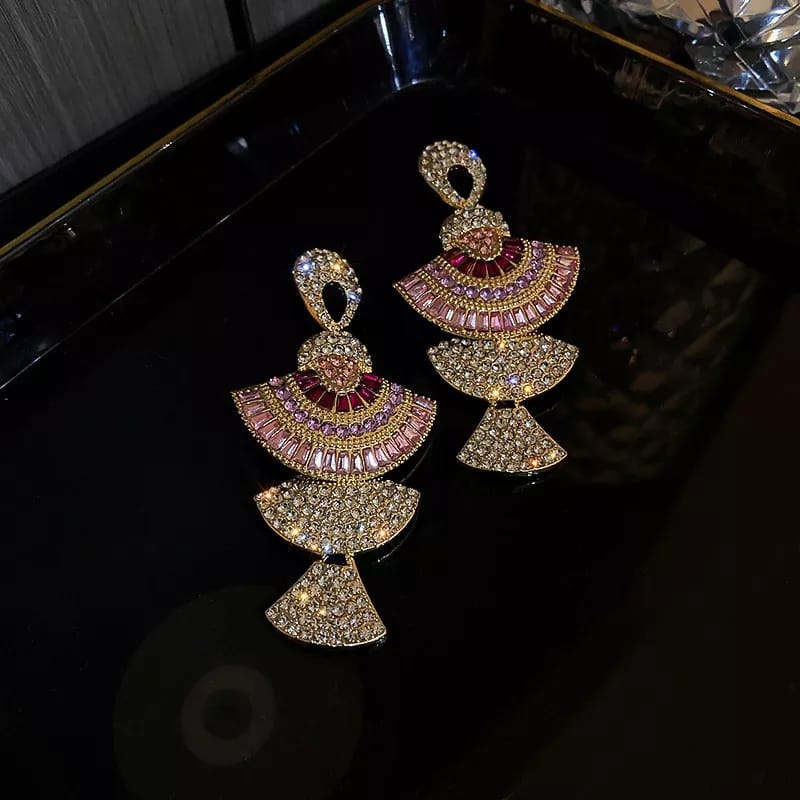 Vintage Style Geometric Drop Earrings for Women in Pink colour with Zircon Crystal Dangle Earrings ,