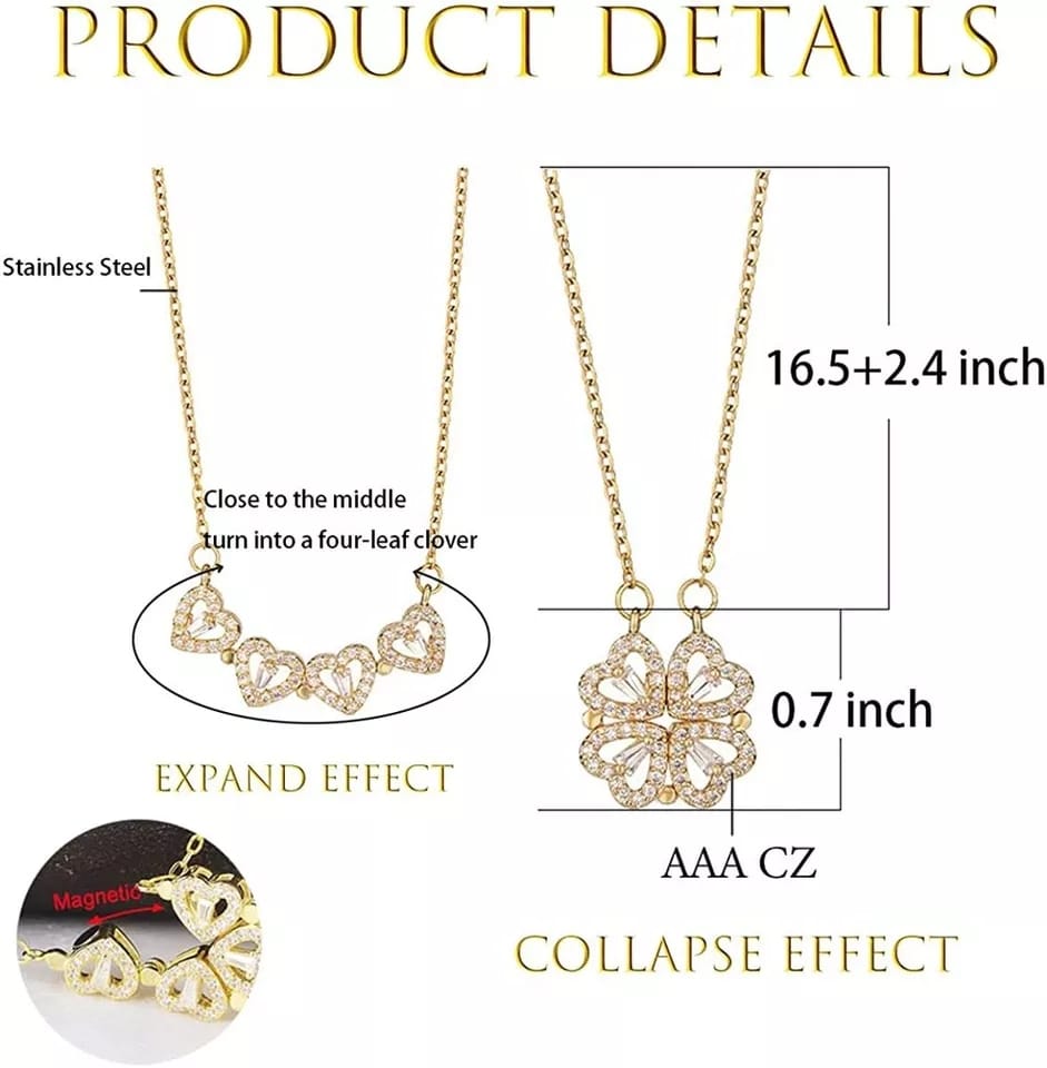 Stylish Folding Creative Clavicle Chain Necklace with Zircon Magnetic Pendant Celebrity with Four Leaf Heart Shape Necklace for Females