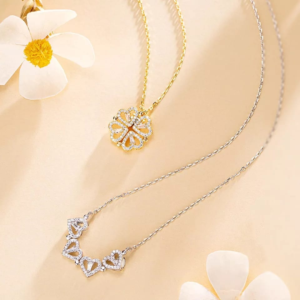 Stylish Folding Creative Clavicle Chain Necklace with Zircon Magnetic Pendant Celebrity with Four Leaf Heart Shape Necklace for Females