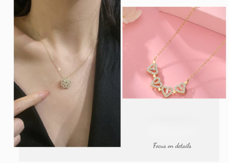 Stylish Folding Creative Clavicle Chain Necklace with Zircon Magnetic Pendant Celebrity with Four Leaf Heart Shape Necklace for Females