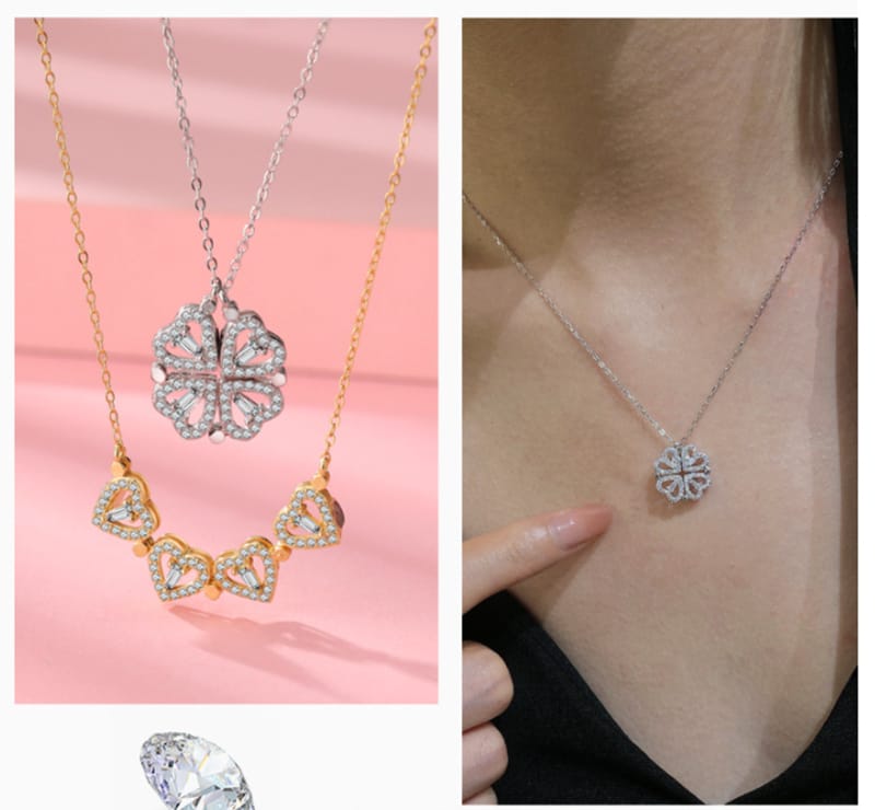 Stylish Folding Creative Clavicle Chain Necklace with Zircon Magnetic Pendant Celebrity with Four Leaf Heart Shape Necklace for Females