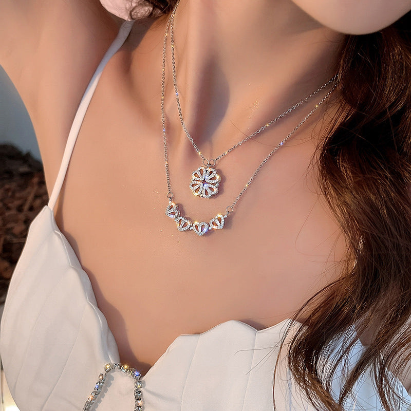 Stylish Folding Creative Clavicle Chain Necklace with Zircon Magnetic Pendant Celebrity with Four Leaf Heart Shape Necklace for Females