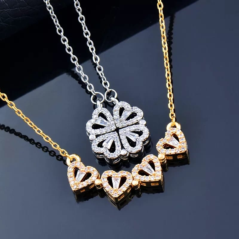 Stylish Folding Creative Clavicle Chain Necklace with Zircon Magnetic Pendant Celebrity with Four Leaf Heart Shape Necklace for Females