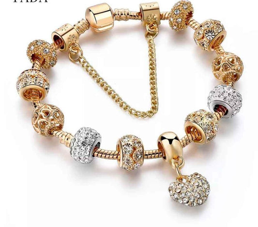 Bracelet en cristal à breloques en forme de fleur, strass en cristal, breloque en forme de cœur, en alliage de cuivre et d'or 