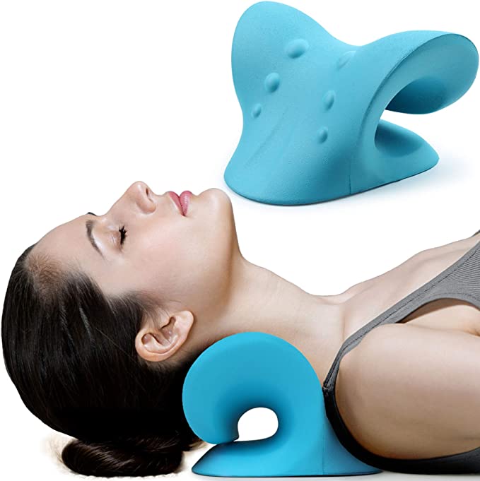 Relaxant pour le cou et les épaules, dispositif de traction cervicale pour soulager la douleur de l'ATM et l'alignement de la colonne cervicale, oreiller chiropratique pour étirer le cou (bleu) 