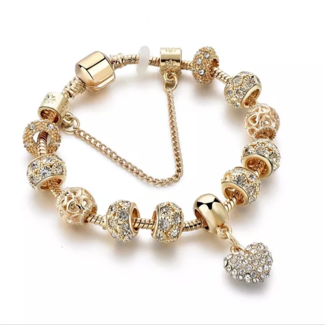 Flower Charm Crystal Bracelet Rhinestone Crystal Flower Heart Charm Copper gold Alloy